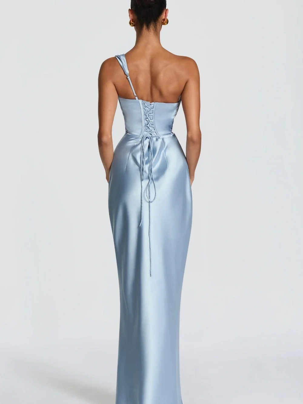 Draped One-Shoulder Satin Gown in Pale Blue - Picture 2 of 3